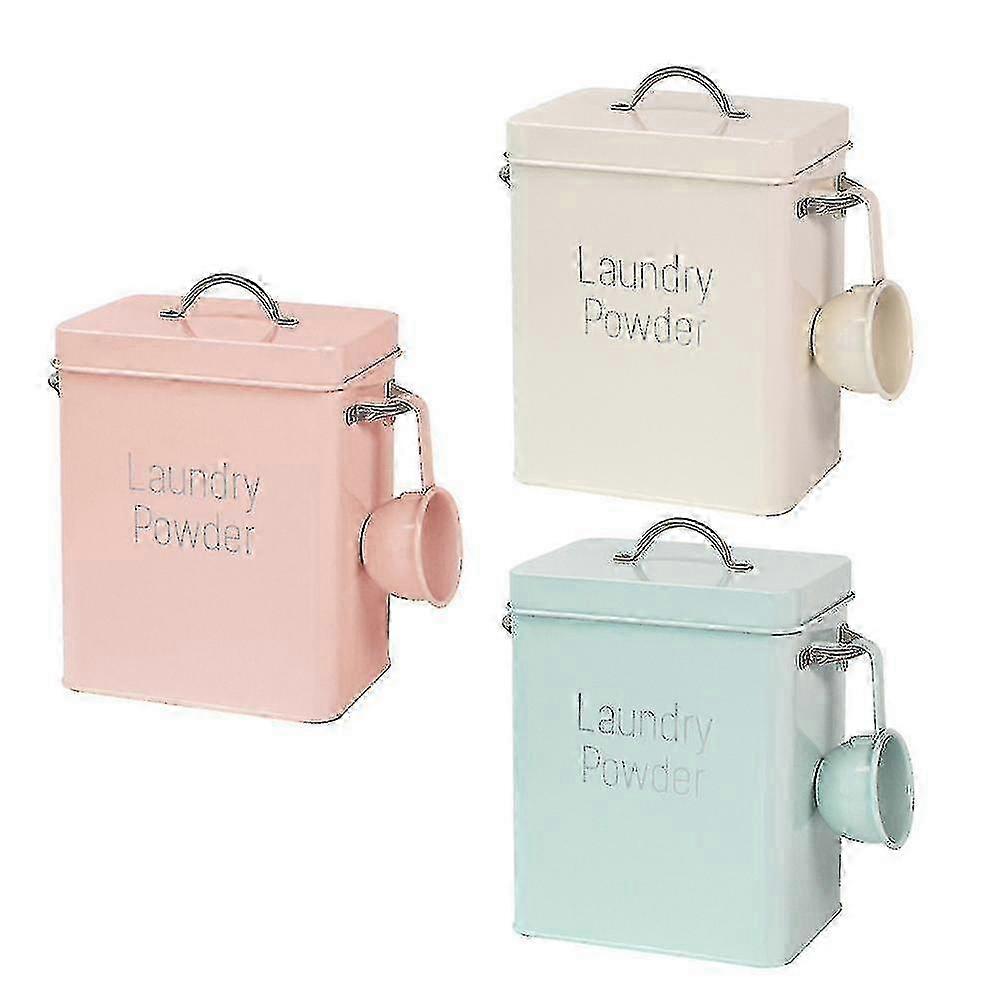 Powder storage box for laundry - metal square bucket with spoon