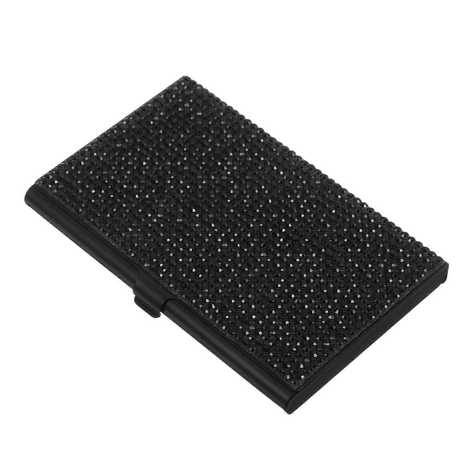 Elegant Black Aluminum Alloy Rhinestone Business Card Holder Organizer for Storage Use 3.5 x 2.3 Inches
