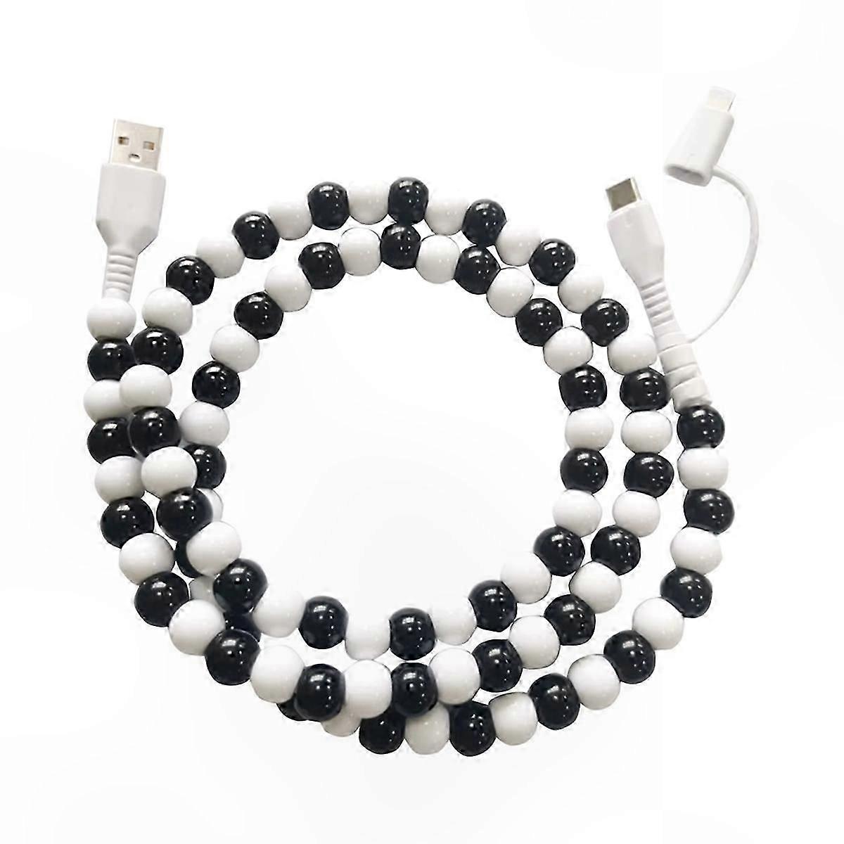 Colorful Handmade Beaded Charging Cable 2-in-1 USB C Data Cable Portable Multi-Device Charger with Stylish Pearl Design