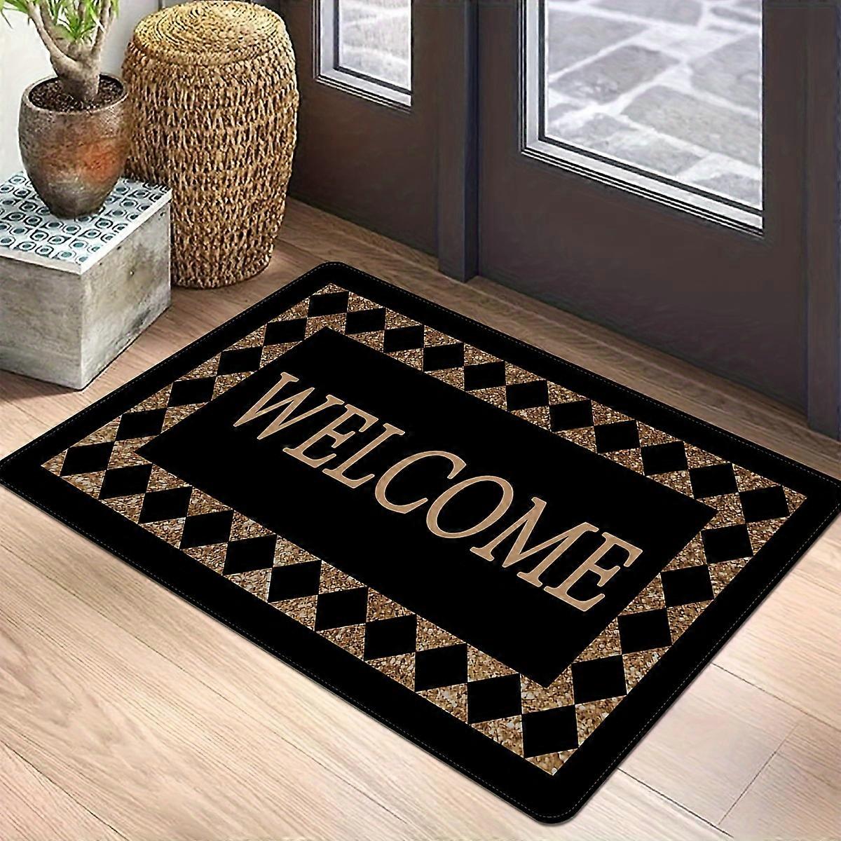 1pc "WELCOME" Plaid Doormat - Non-Slip Polyester, Lightweight, Black & Golden Check Pattern, Perfect for Home Decor