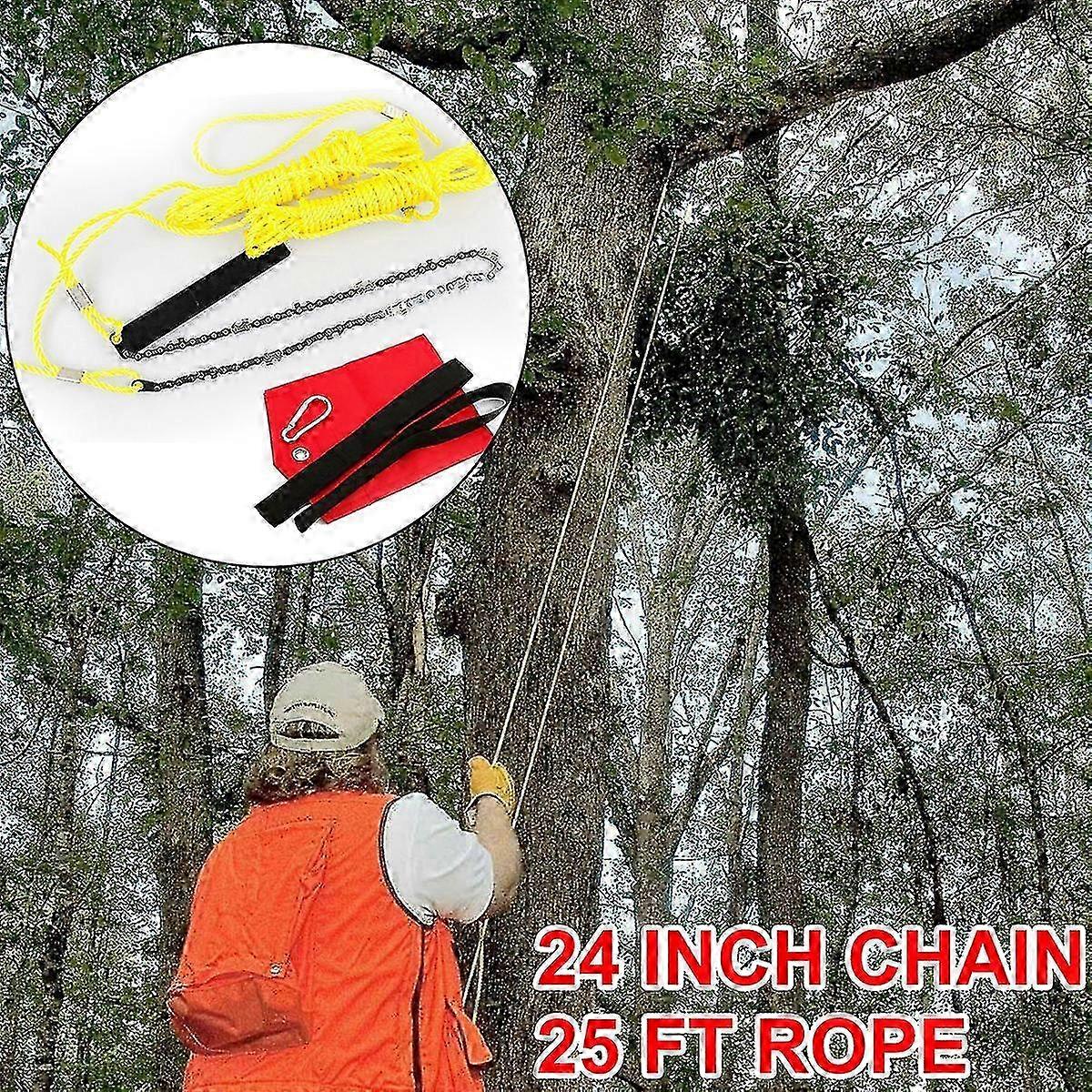 High reach chain saw for tree trimming with rope