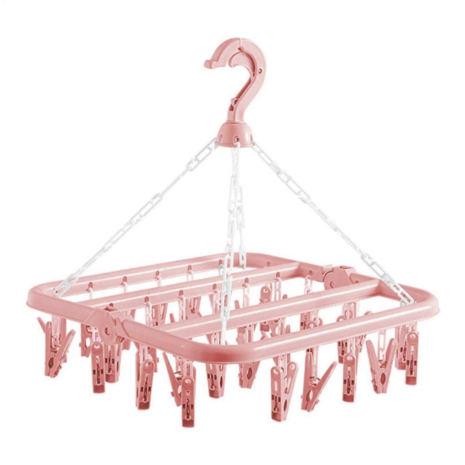Clothes Drying Rack with 32 Clips, Foldable Underwear and Sock Hanger for Towels, Baby Clothes, Pink