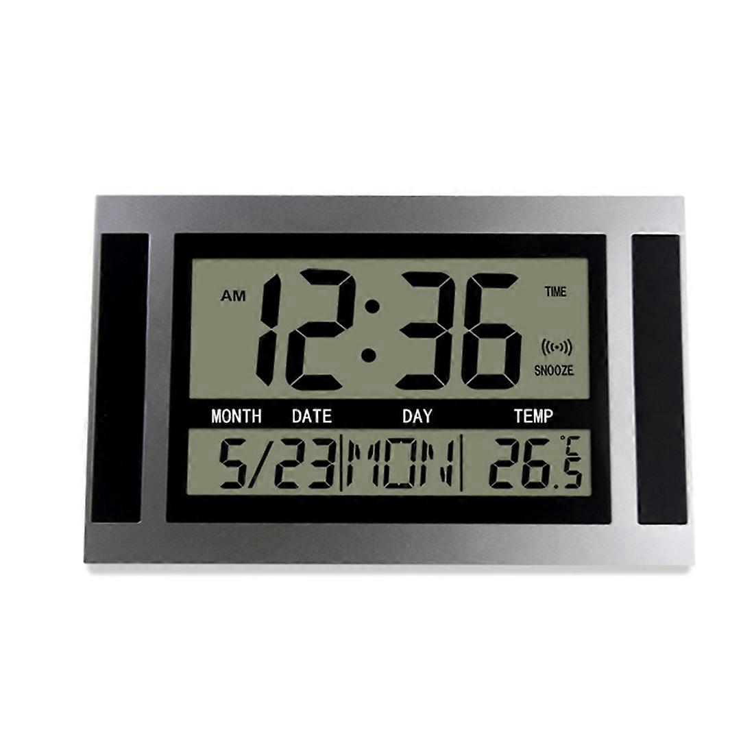 Digital Wall Clock LCD Number Time Temperature Calendar Alarm Silver