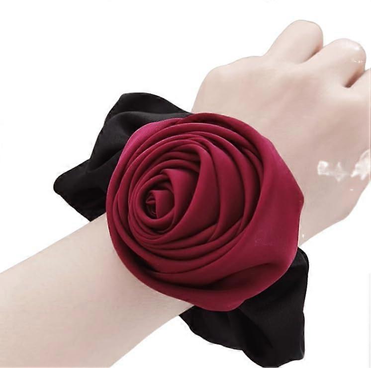 Burgundy and Black Rose Hair Scrunchie Wrist Corsage, Elegant 2 in 1 Design for Versatile Styling