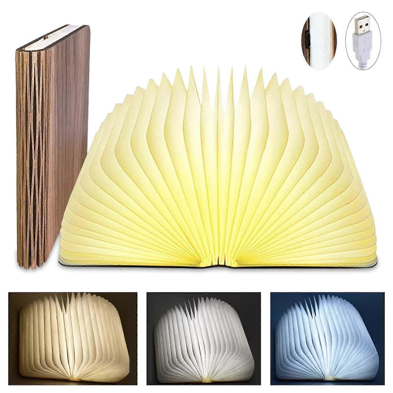 Rechargeable Foldable LED Book Lamp with Wooden Design and 3 Light Colors for Bedroom