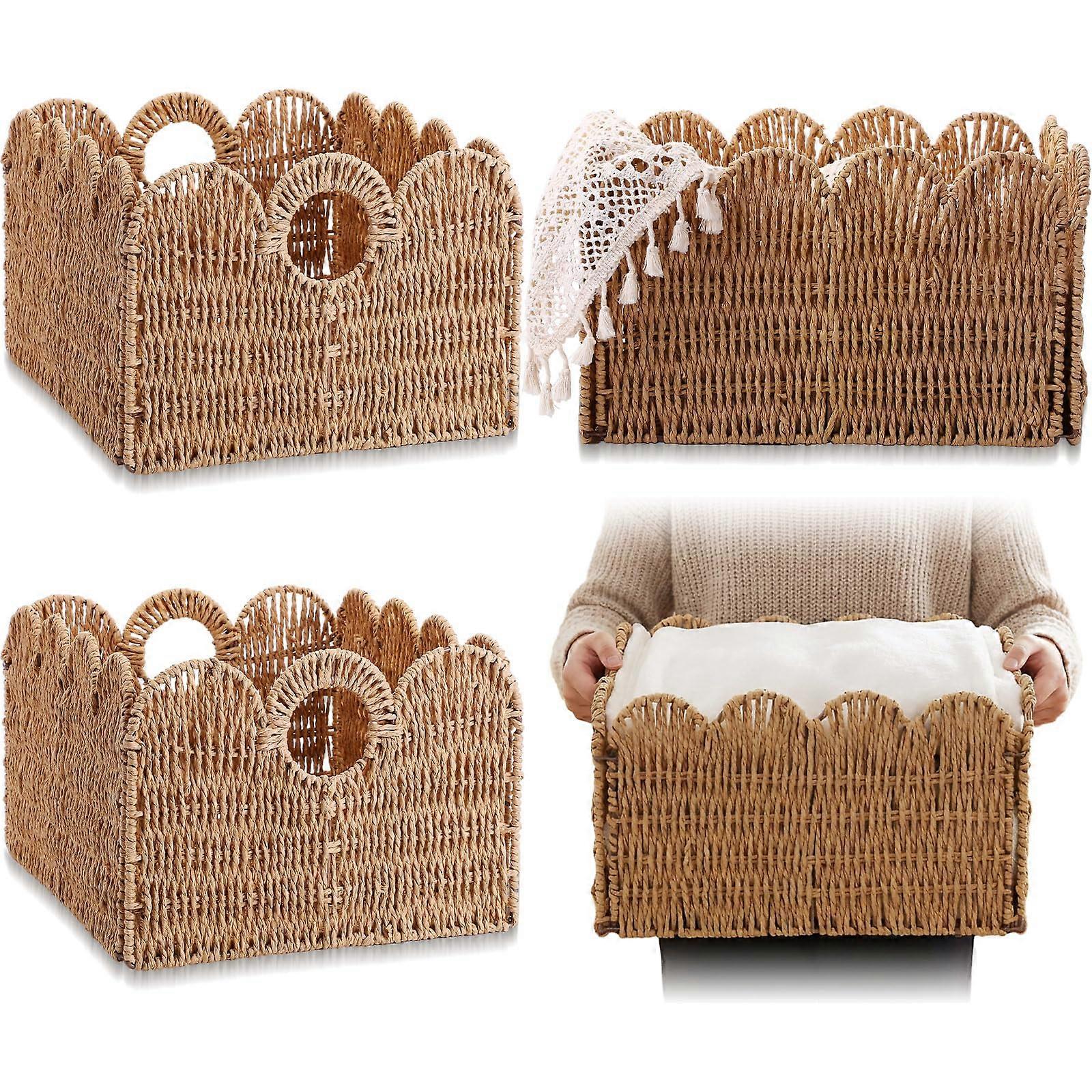 4 Pack Wicker Storage Baskets for Shelves, Foldable Handwoven Rattan Bins with Handles, 13x11x7.9