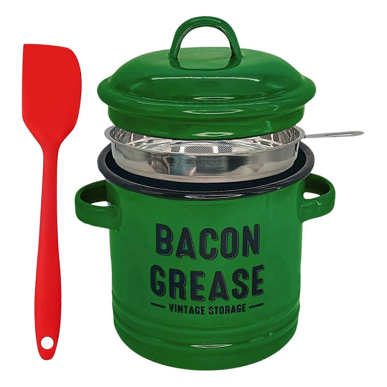 46oz Grease Container with Strainer, Vintage Green Enamel Bacon Grease Storage for Cooking Oil