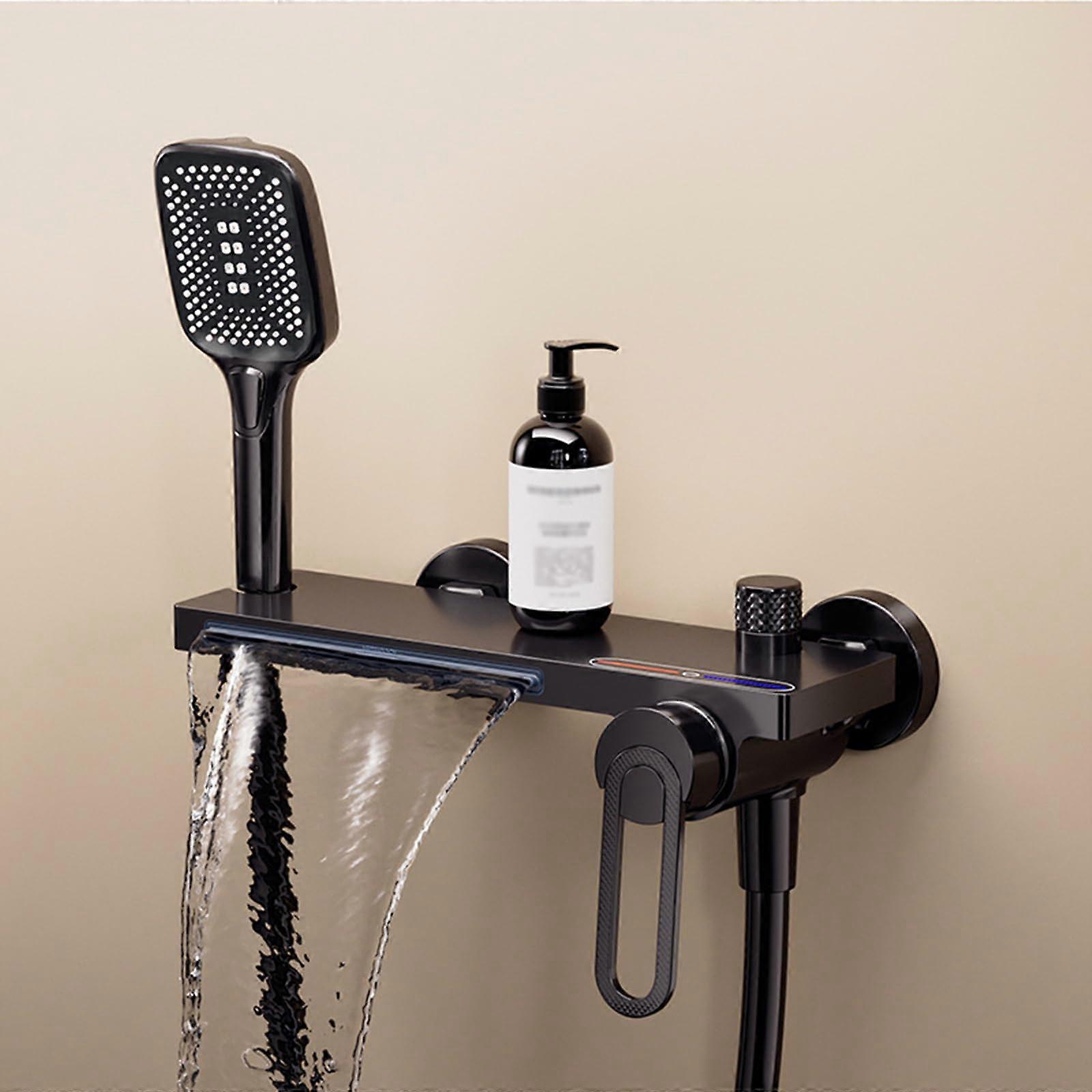 Black Wall Mounted Waterfall Bath Mixer Tap with Shower Attachment, Adjustable 135165mm