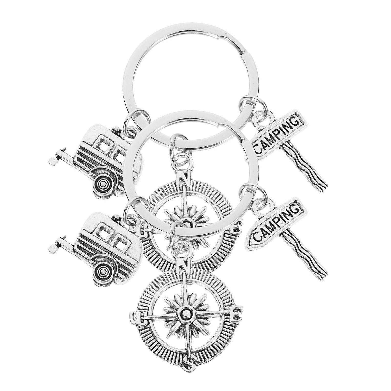 Camping Keychains Compass Shape Key Ring Attach to Backpack Silver Metal 2Pcs