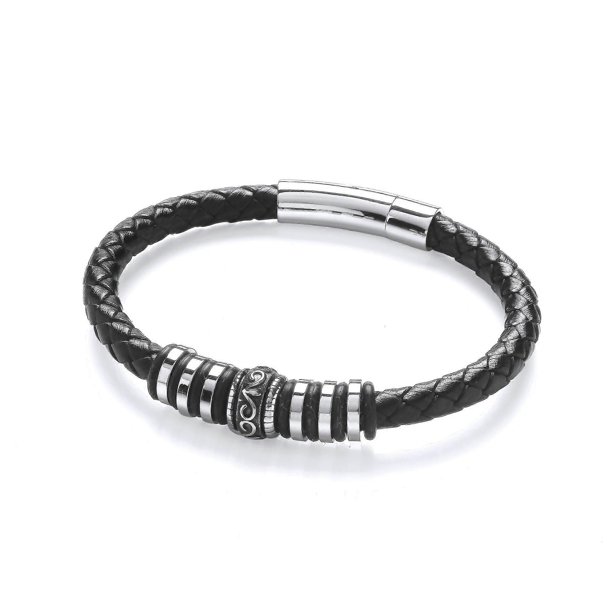 Jewelco London Mens Black Leather Stainless Steel Plain Weave Tribal Scroll Rings Strap Bracelet 6mm 8 inch