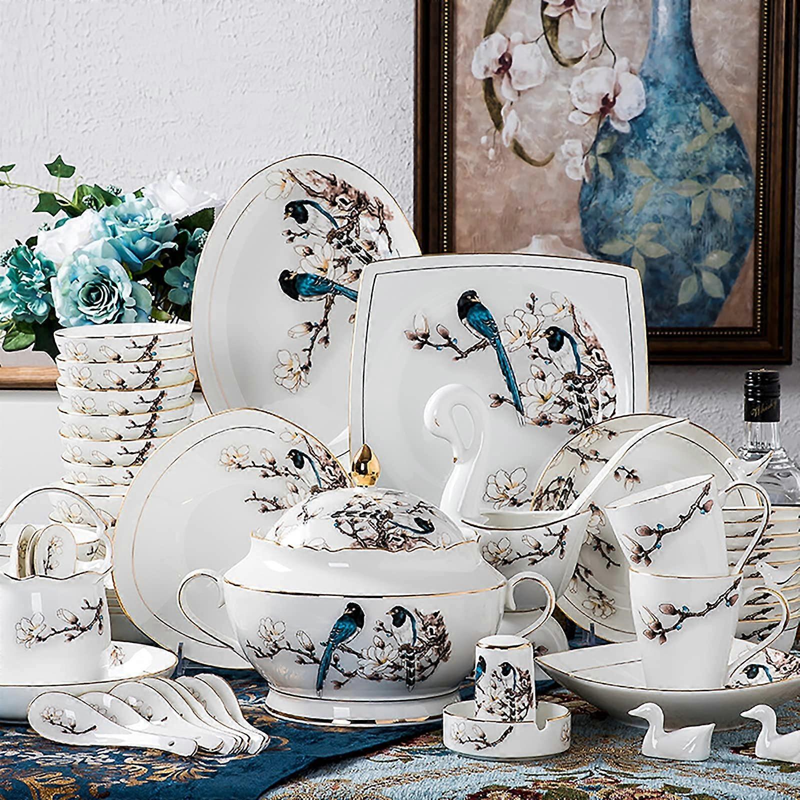 60 Piece Bone China Dinnerware Set with Elegant Gold Accent, Service for 10, Chip Resistant