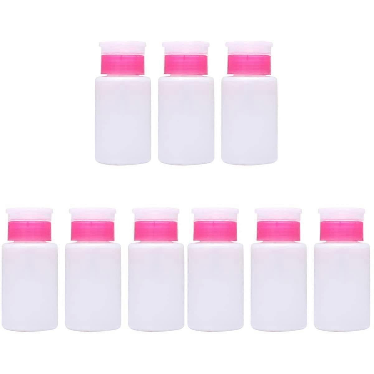 Push Down Pump Bottle Set for Nail Polish Remover, Lockable Makeup Dispenser, 9 Pcs Pink