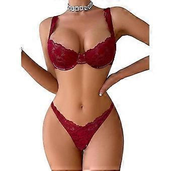 Sexy Floral Lace Scallop Underwire Push Up Sheer Lingerie Set Outfits