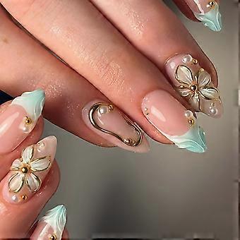 Quick Manicure Press On Nail Almond Shape, 3D Floral Nudes Pink French Tip False Nail with Pearls Gold Detail, 24Piece 12 Sizes for Busy Days