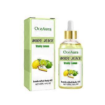 Óleo corporal para massagem, hidratante e rejuvenescedor, com aroma de limão.