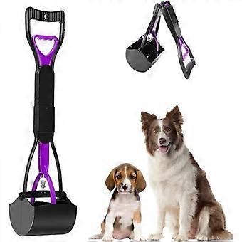Foldable dog poop scoop with long handle, rake for picking up dog waste (purple)