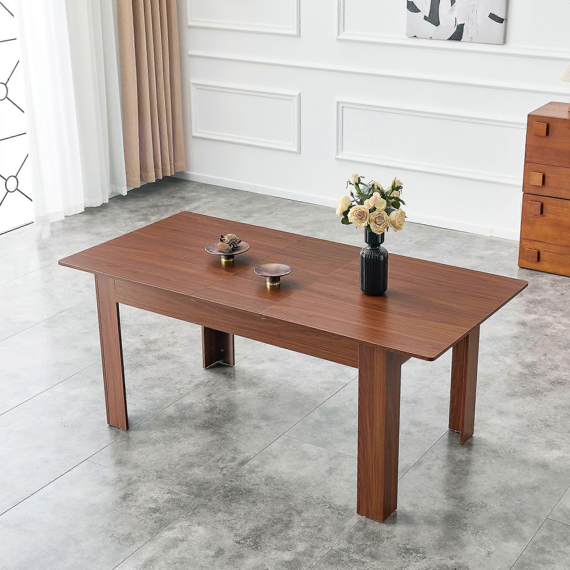Extendable rectangular dining table, modern extendable kitchen table with 2 teardrop leaves, walnut finish, space-saving dining table for small to lar