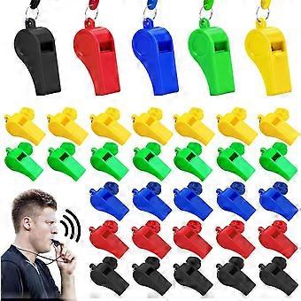 50PCS Plastic Whistles with Lanyard, Loud Crisp Sound, 5 Colors Referee Whistles for Sports Coaches Referees Outdoor