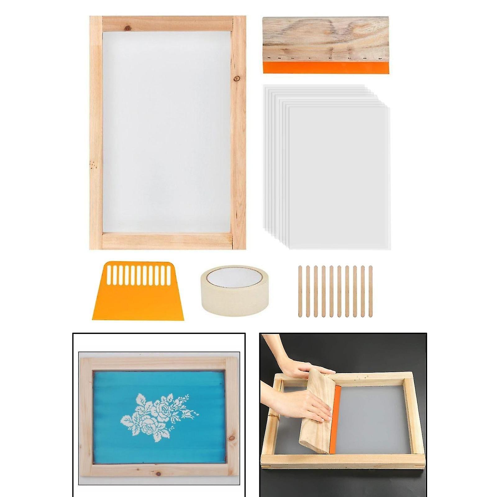 24 pièces Kit de démarrage de sérigraphie en bois Cadre de sérigraphie avec raclettes Outil pour bricolage T-shirts Vêtements Sac Mesh Fram