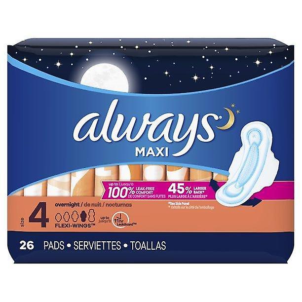 Always Maxi Overnight Pads With Wings, Unscented, Size 4, 26 Ct