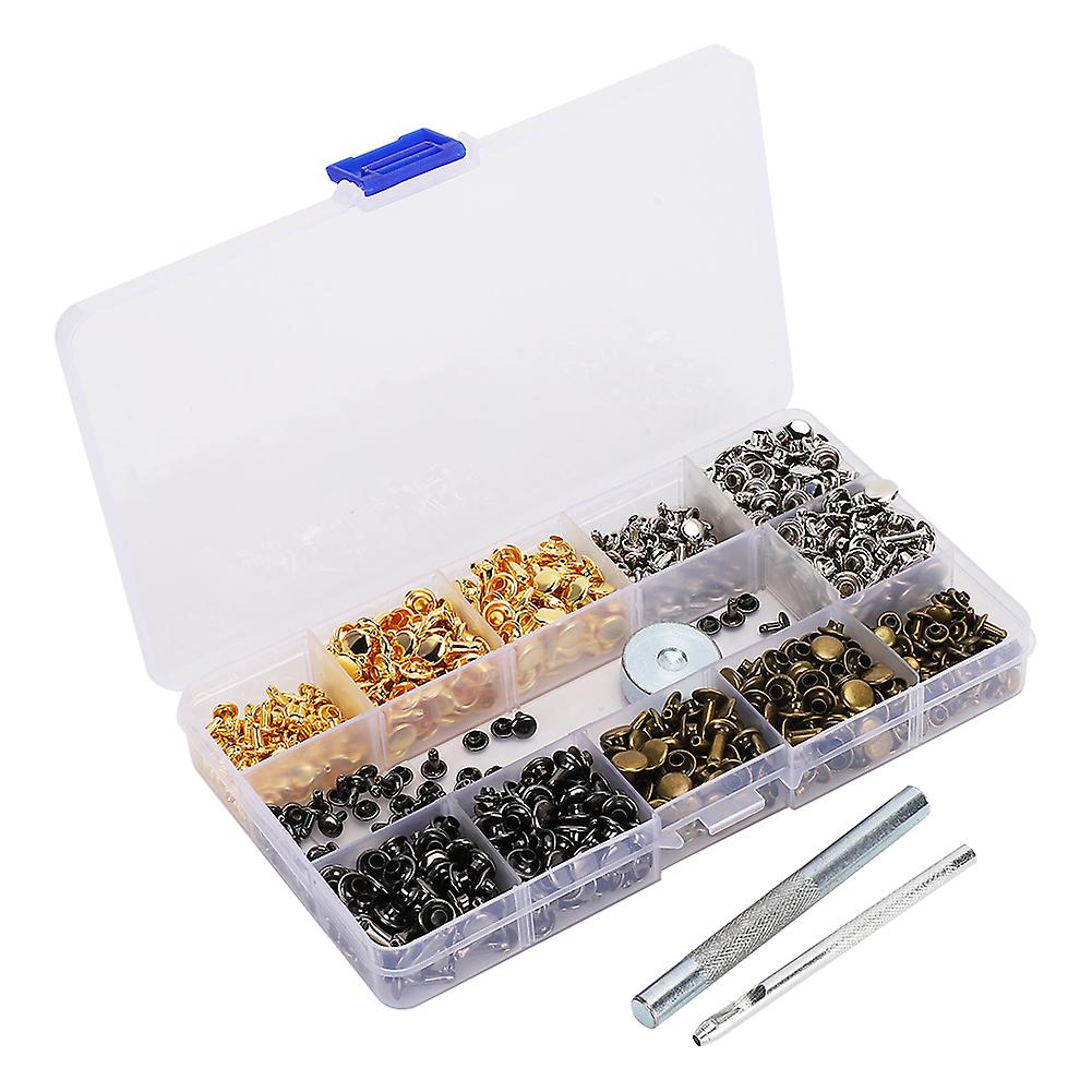 480 Sets 4 Color Double Cap Rivet Metal Studs Kit 6-12mm Silver