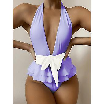 Veeki Women's Halter Plunge Neck Knot Waist One Piece Bikini Swimsuit, Purple, S