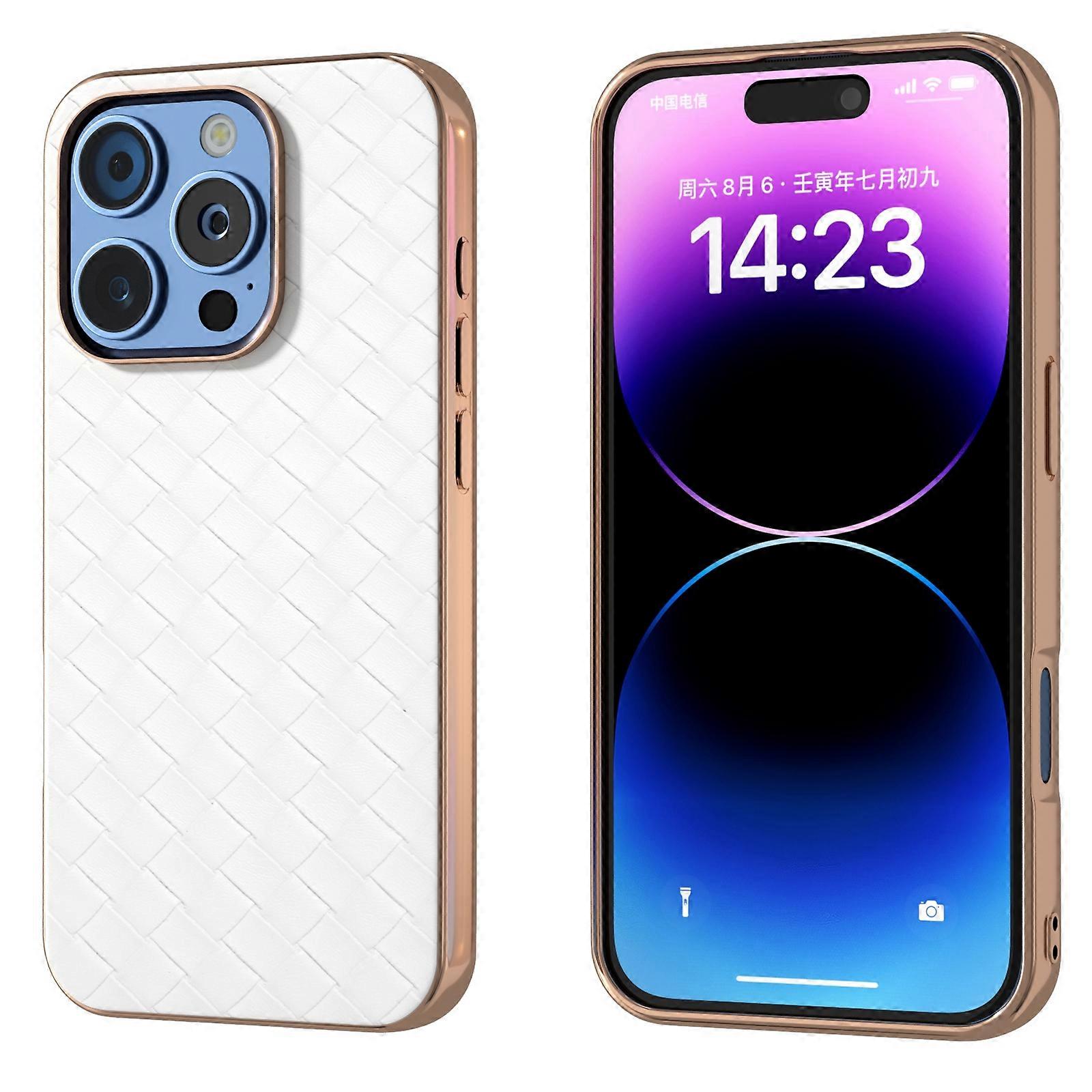 Plating Frame Woven Texture PU Case For iPhone 16 Pro