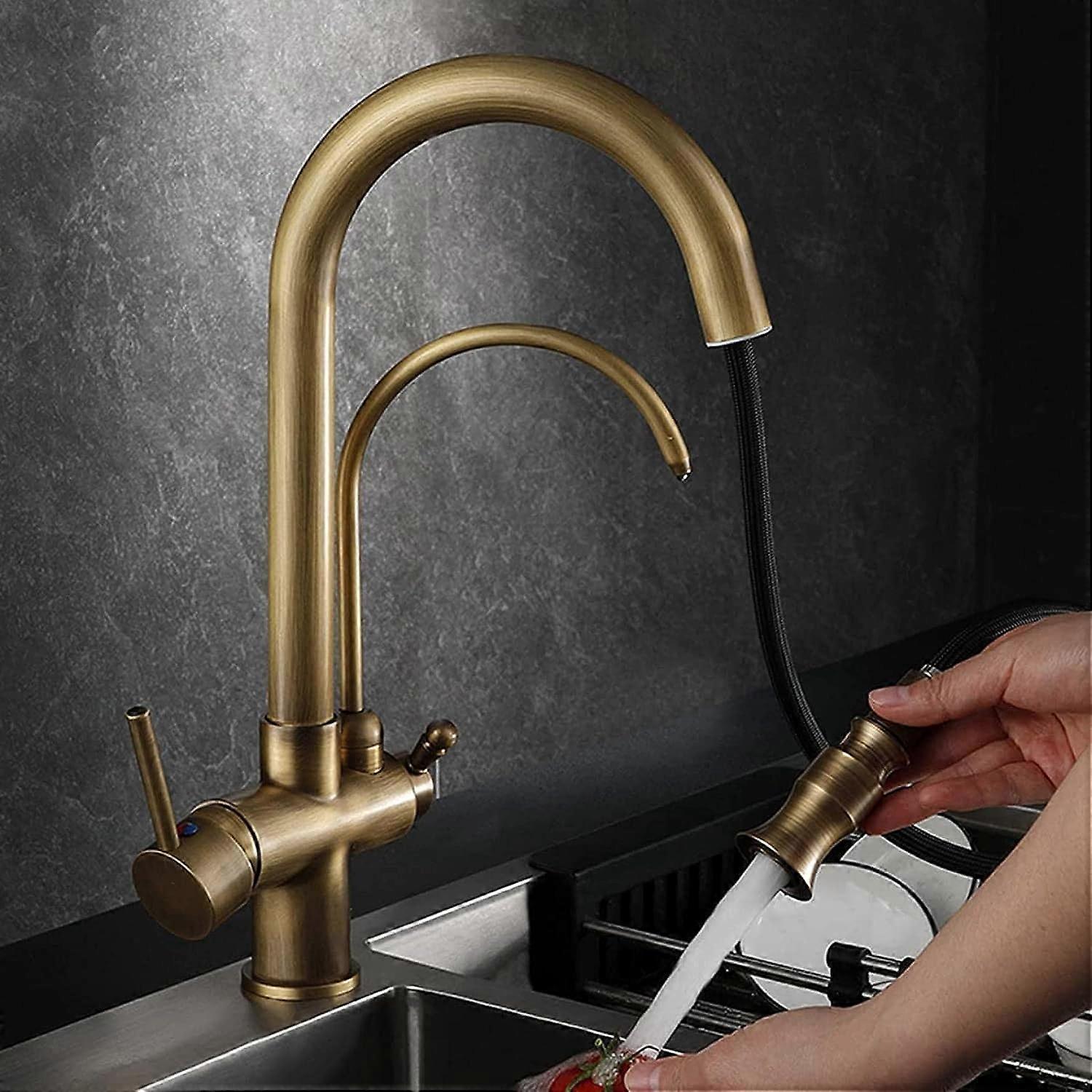 3-way kitchen faucets with pull-out spray Antique brass 3-in-1 sink ...