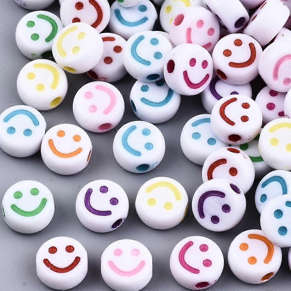 Opaque Craft Acrylic Beads Flat Round with Smiling Face Mixed Color 10x5mm Hole: 2mm