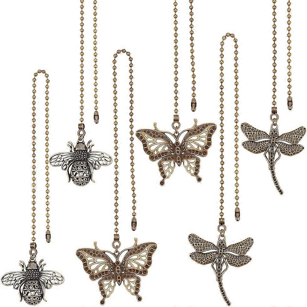 6Pcs 3 Styels Butterfly Bee Ceiling Fan Pull Chain Vintage Dragonfly Extender Chain Charm Lamp Decorative Pull Chain with Iron Ball Chain for Fan Tabl