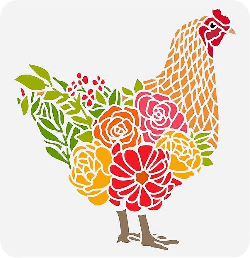 1PC Chicken Stencil 11.8x11.8inch Rooster with Flowers Grass Drawing Template