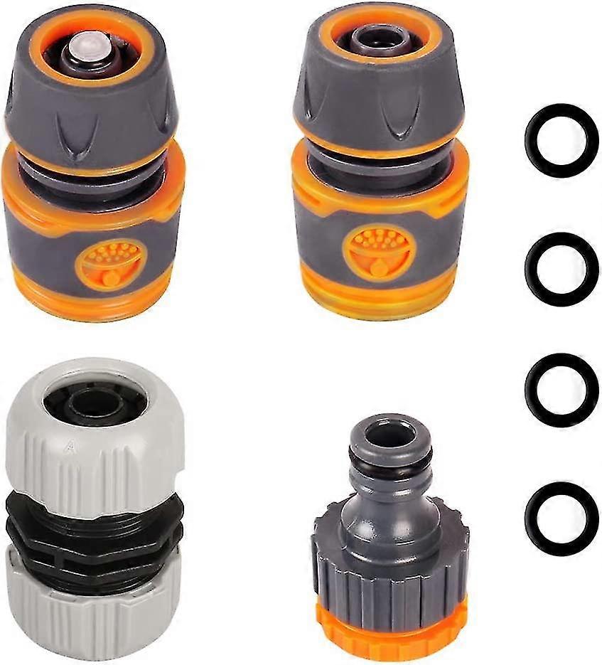 4 pack plastic garden hose fitting set pipe tap connector kit, a 1/2" hose end adapter, a water-stop connector, a 1/2"3/4" 2 in 1 faucet adapter, a r