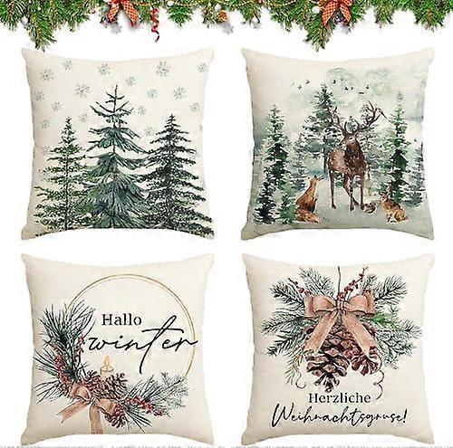 4 stuks linnen sierkussens, 40 x 40 cm Kerst kussensloop, sierkussensloop, Kerst kussensloop, Kerst rendier, kussen