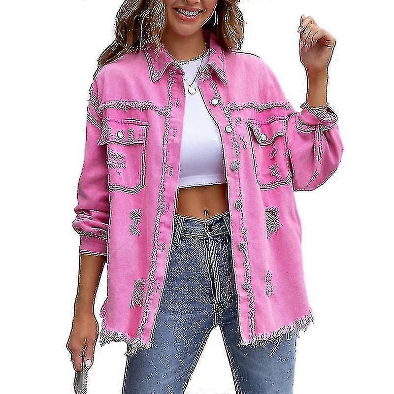 Womens Oversized Denim Jacket Distressed Ripped Jean Jacket-DF