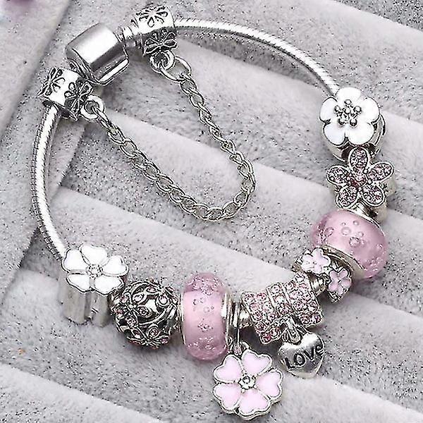 Käsintehdyt helmet ja korut Charm-kaulakorun rannekoru Rannekoru riipus Vaaleanpunainen kirsikkakukkahelmet Eurooppalainen viehätys hopeahelmet sopivat rannekoru