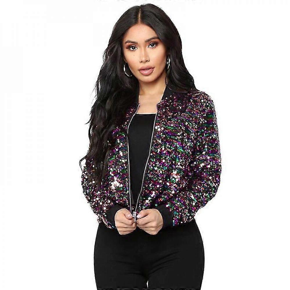 Women's Sequin Fitted Long Sleeve Zipper Blazer Bomber Jacket IP[