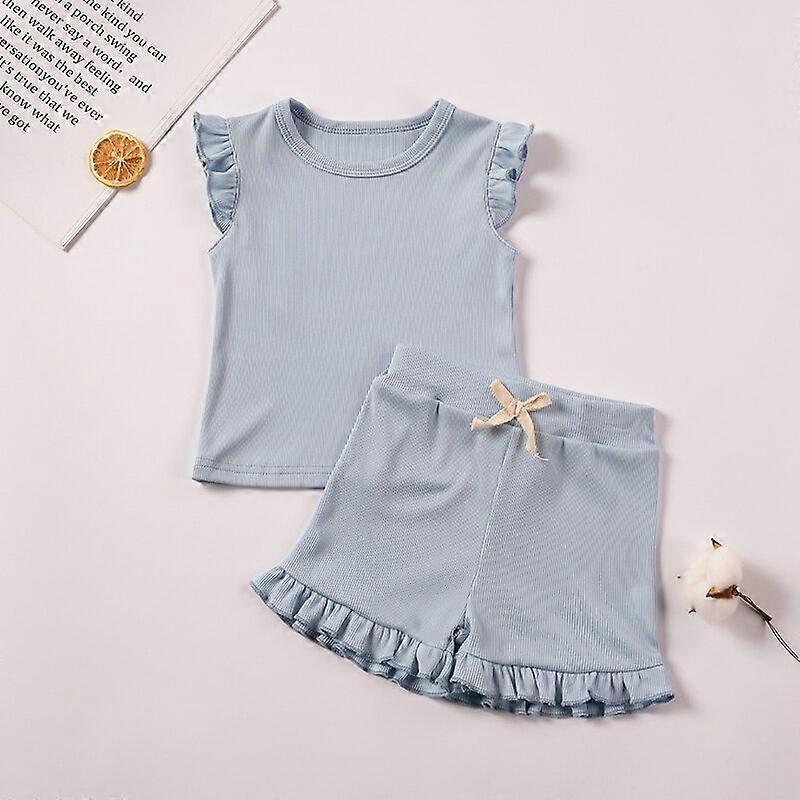 5-color Suit Summer Toddler Girl Ruffle Sleeve 2pcs Set Solid Sleeveless T-shrits Top and Shorts Outfit for Kids