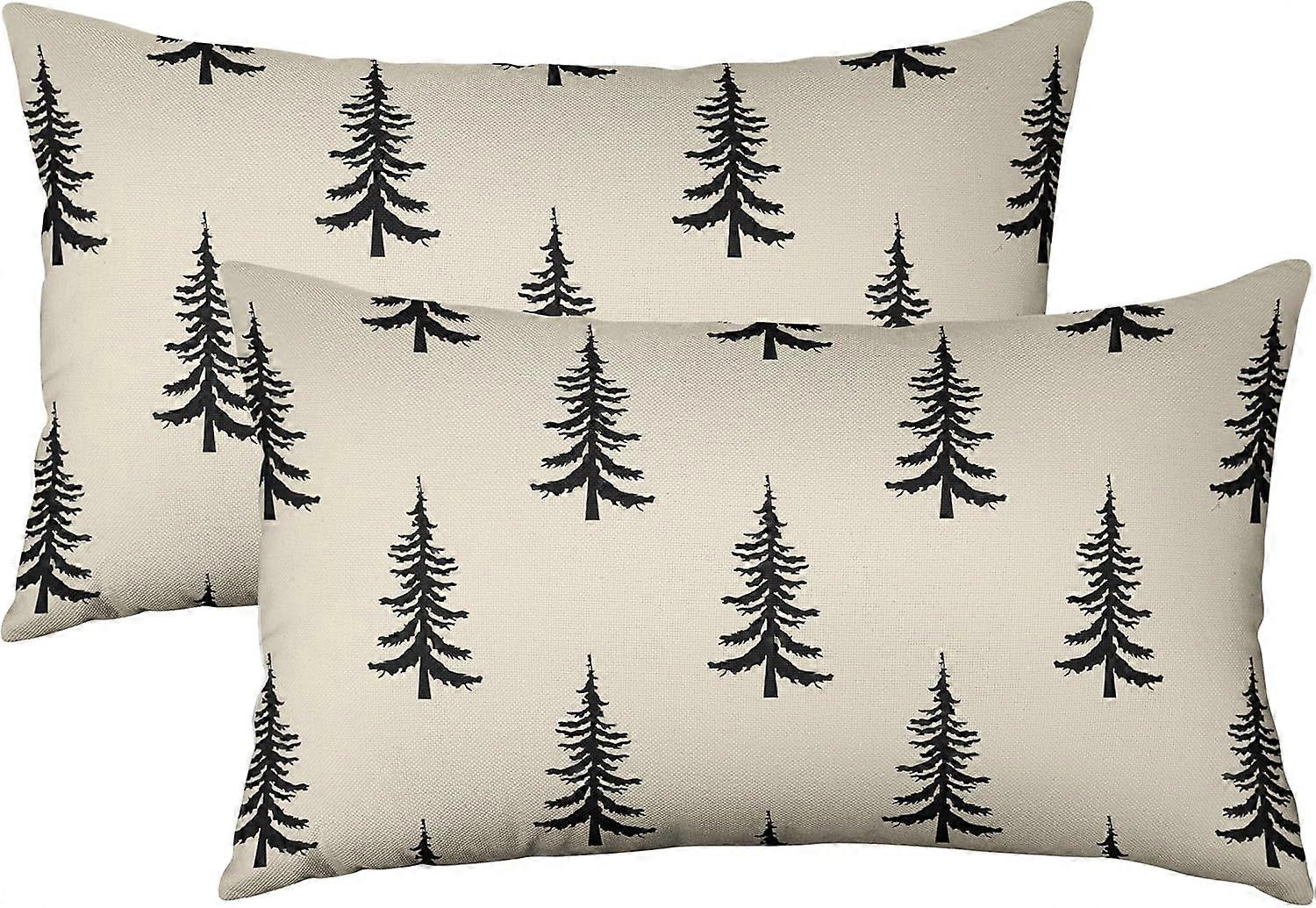 Noel Ağacı Bel Yastığı Kılıfları 12x20 Set of 2 Siyah Rustik Xmas Dekorasyon Baskı Dış Mekan Dekoratif Atma Yastıkları Kış Yastık Kılıfları Keten Cushio