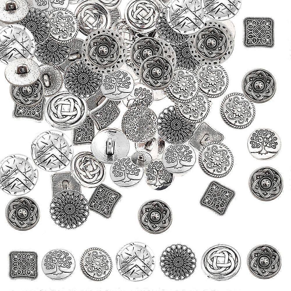70Pcs Hole Alloy Buttons Antique Silver Flower Tree Metal Button Vintage Pattern Decorative Buttons for Sewing
