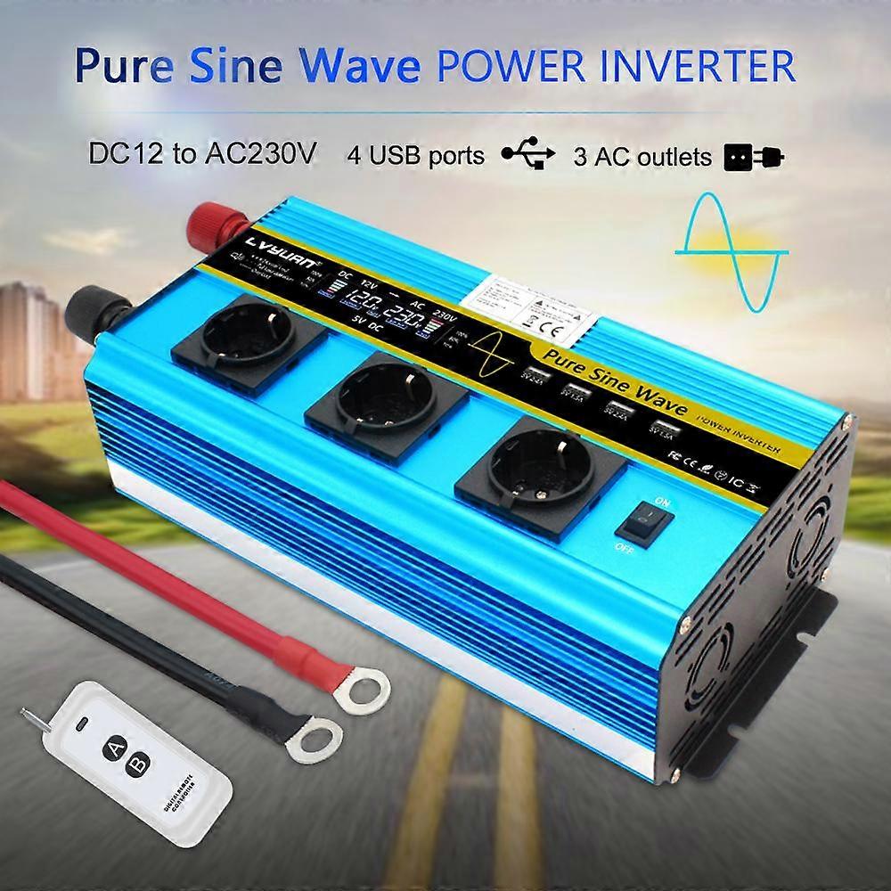12000W(Peak)12V/24V to 230V 2500 Watt Rated Pure Sine Inverter For Trucks, RV's With 3 AC Outlets, Wireless Remote Control