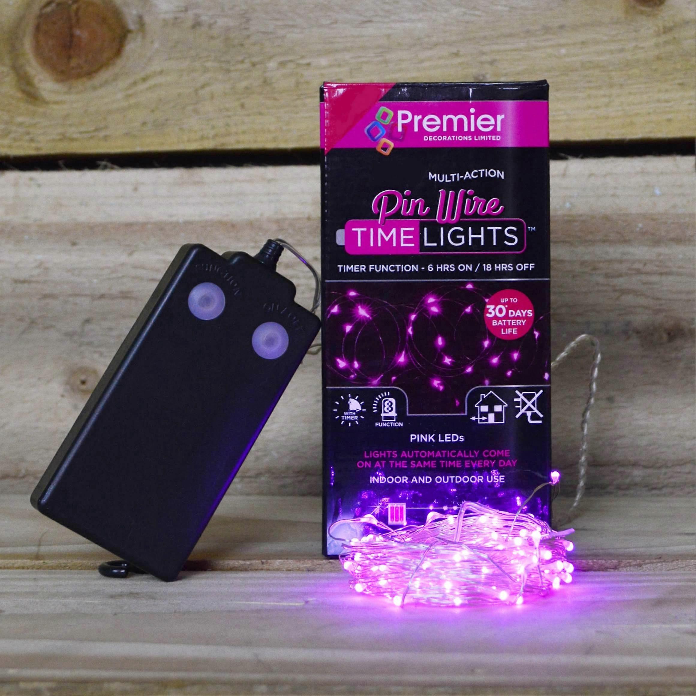 100 Premier Multi Action Pin Wire Battery Led Lights With Timer - Pink