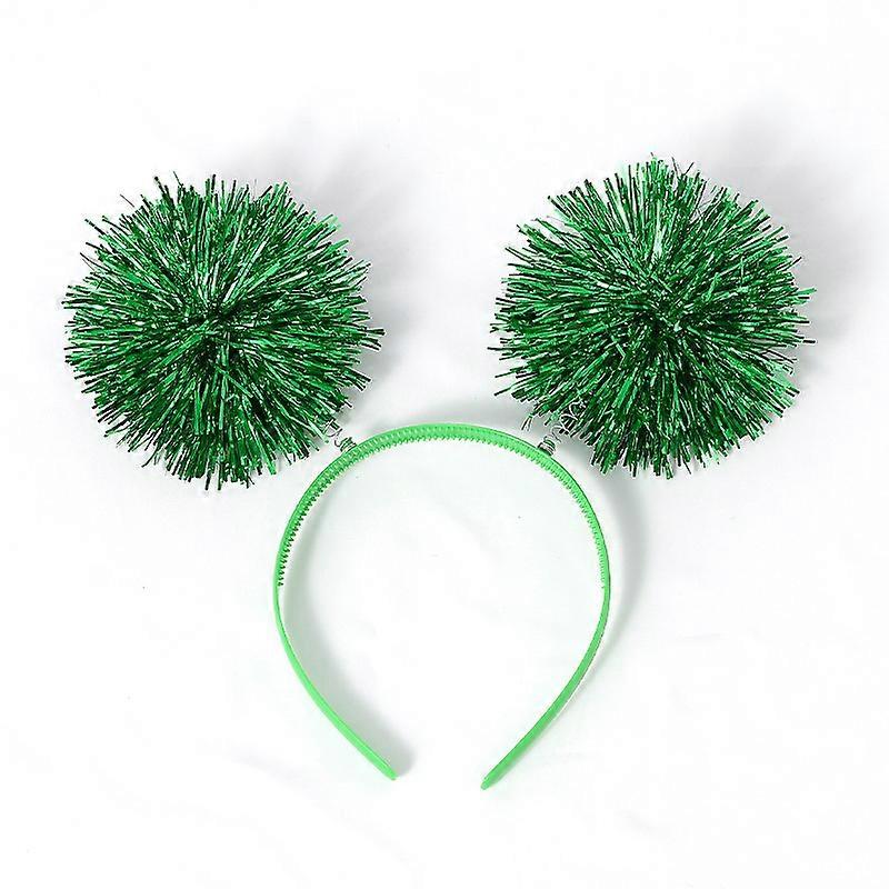Pom Pom Headbopper Holiday Festival Headband with Foil Ribbon Plush Balls, Green Hair Accessory for Role Play