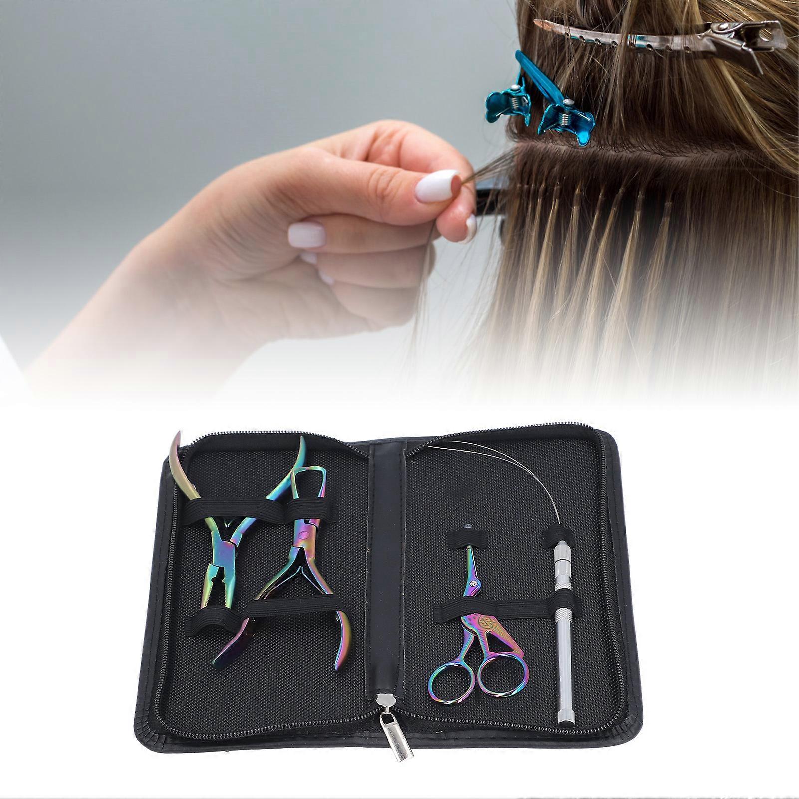 4pcs Hair Extension Tools with Pliers Wire Loop Beading Hook Needle Small Scissors Storage Bag Professional Microlink Tool Kit Multicolor 