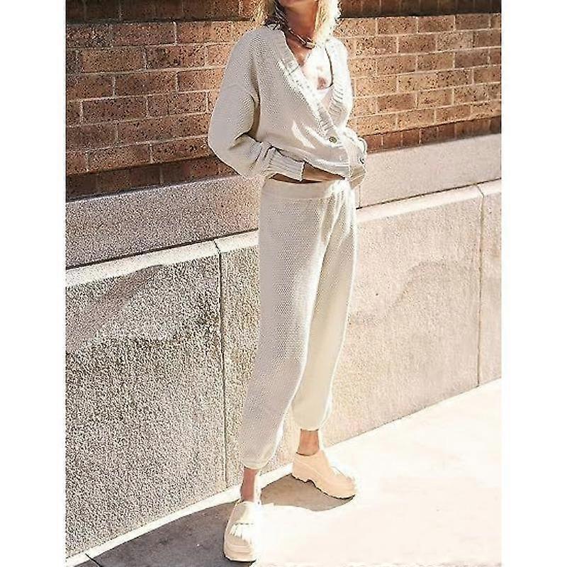 Autumn Ladies Simple Solid Color Casual Knitted Cardigan Suit