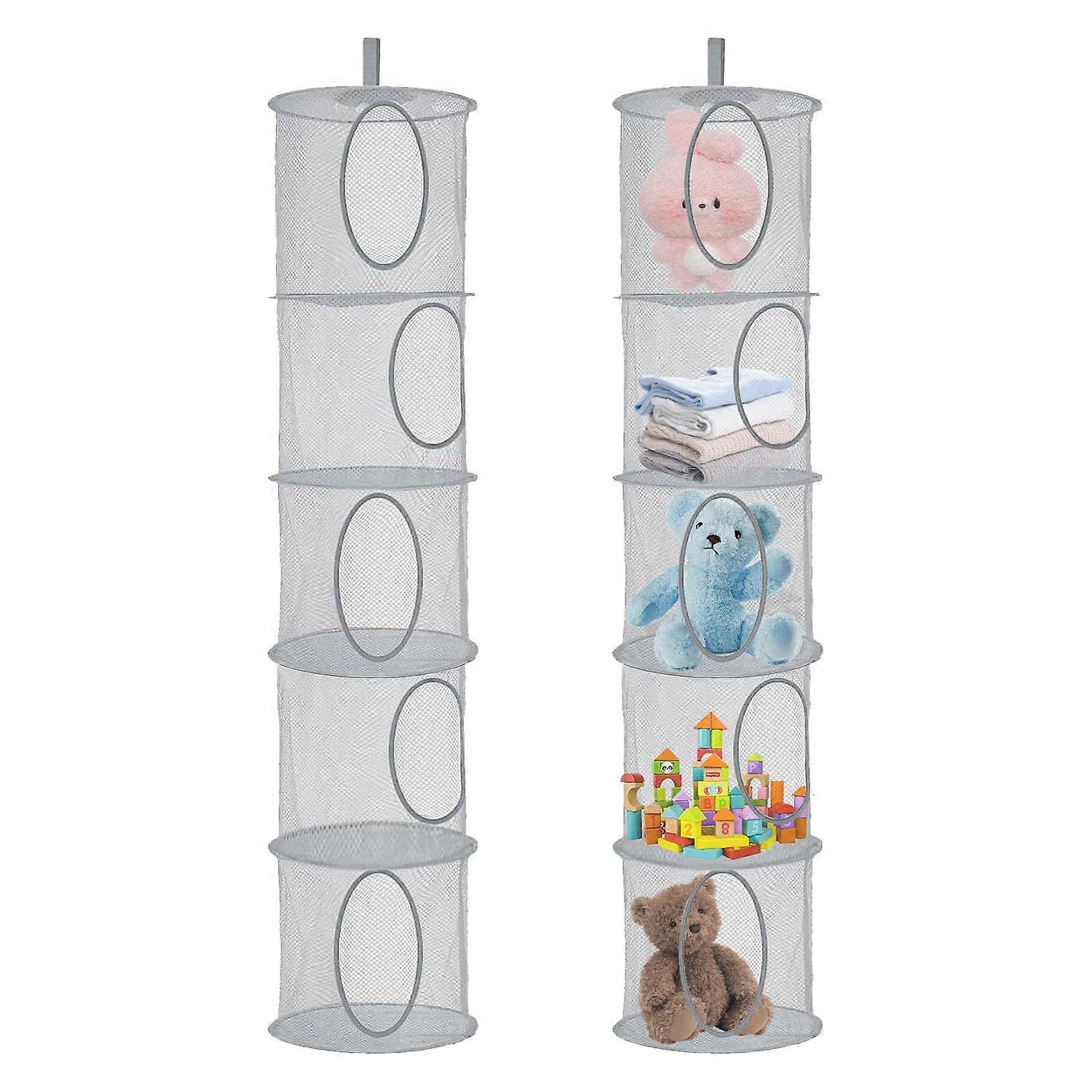 Hanging Storage Pack Of 2 Foldable Organiser, 5-Compartment Mesh Shelf, Mesh Storage Bag, Cuddly Toy Storage, Grey