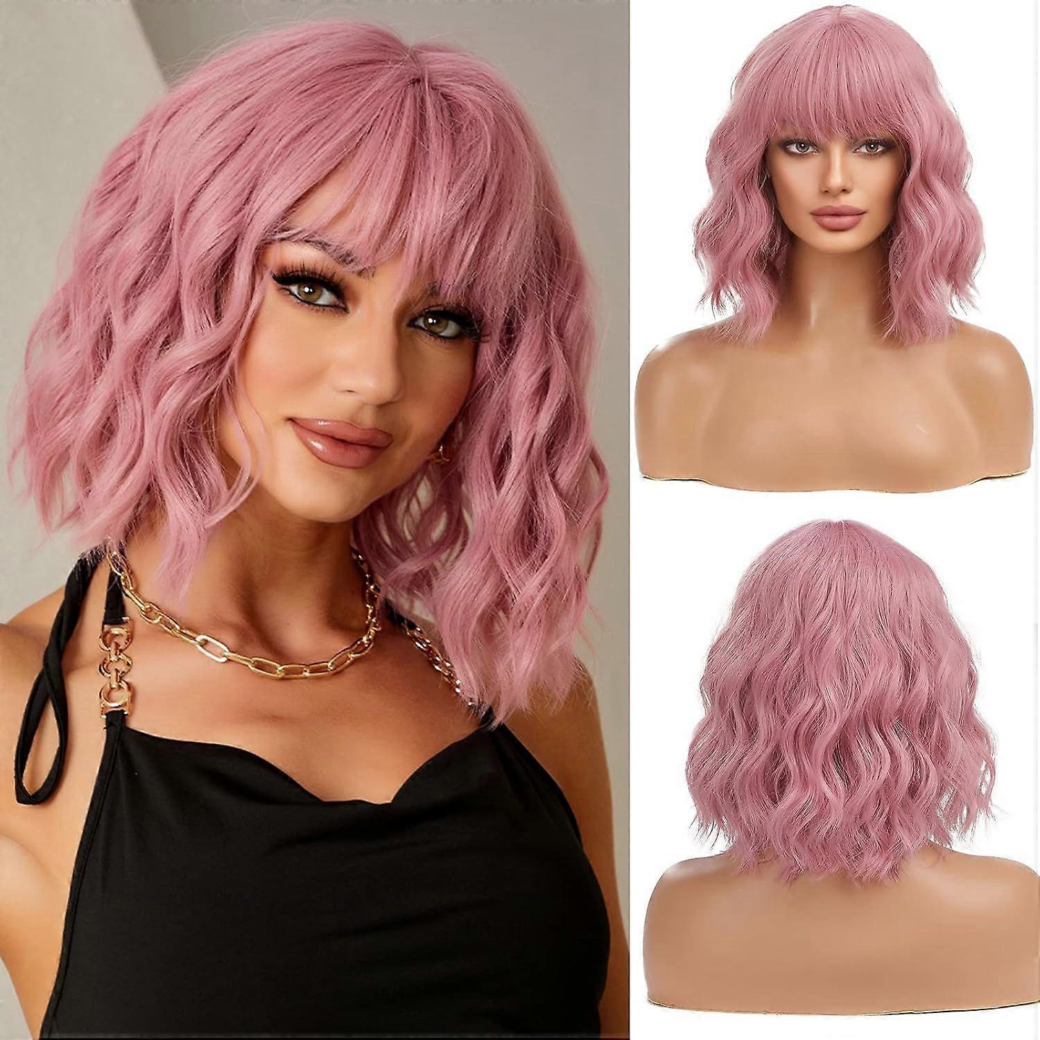 2025 Latest Model Short Wave Pink Bob Wigs With Bangs Shoulder Length Wig Curly