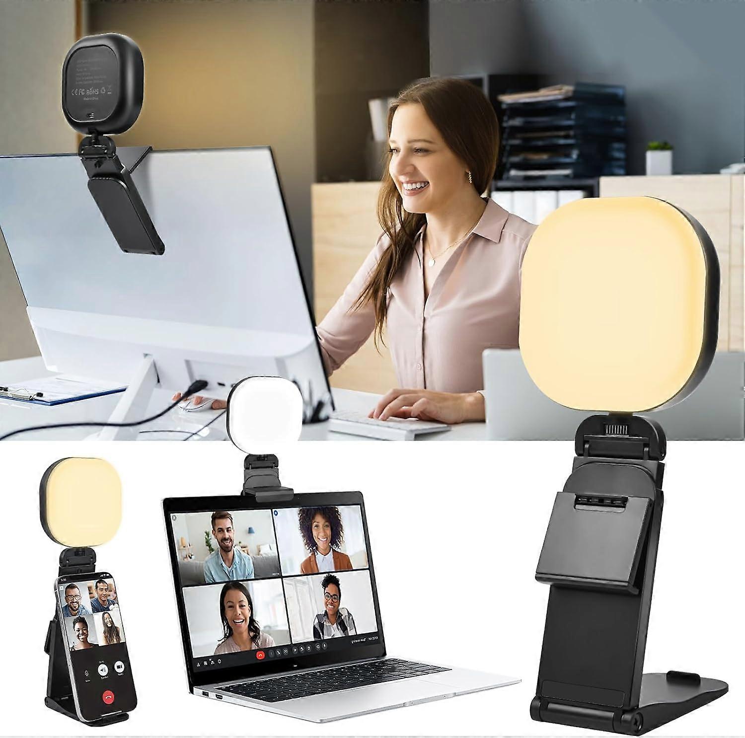 Ring light with stand for video calls, 5 colors and brightness for Zoom meetings.
