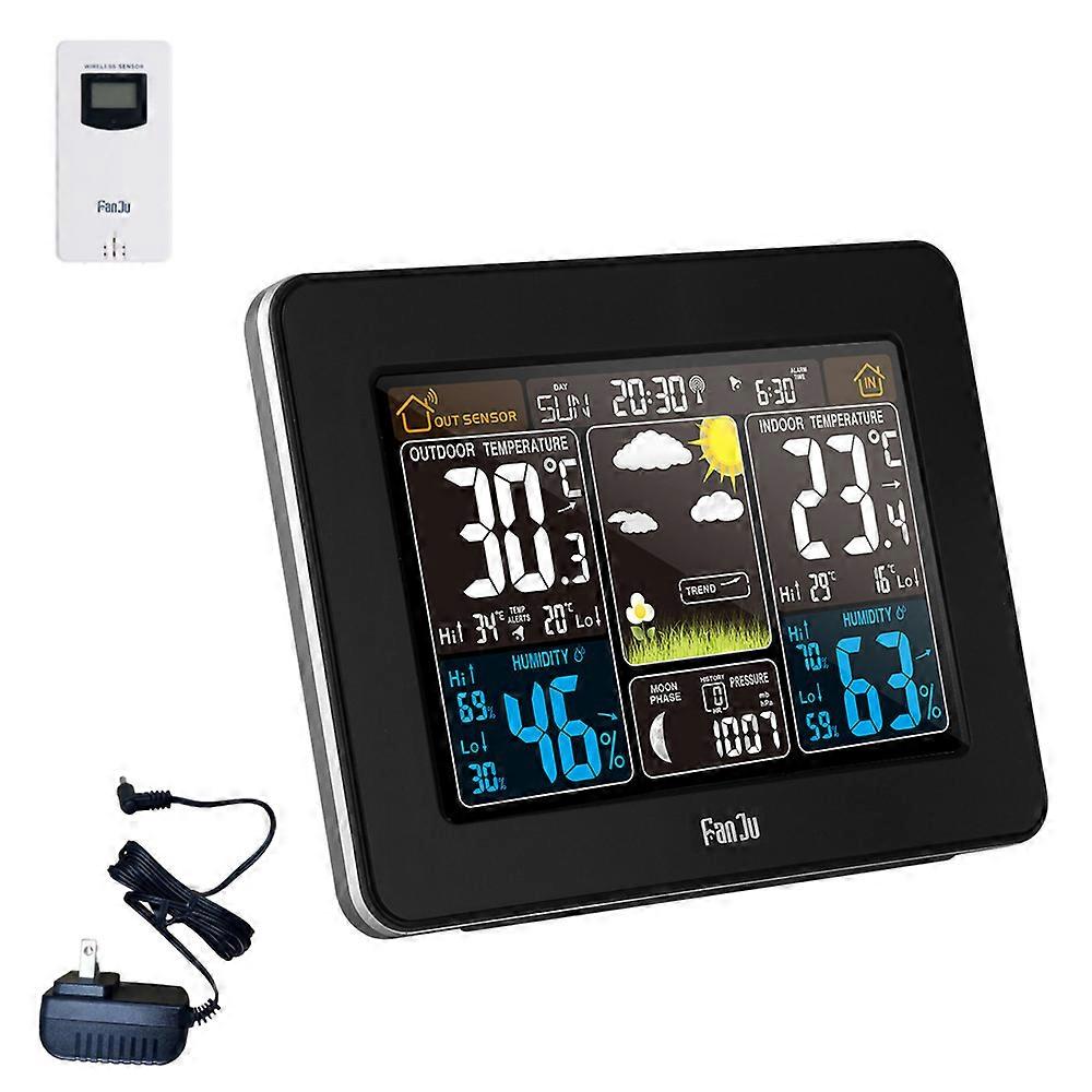 Color Screen Weather Forecast Clock Multi-Function Electronic Alarm Clock Rf Wireless Weather Clock-Black-Us Plug