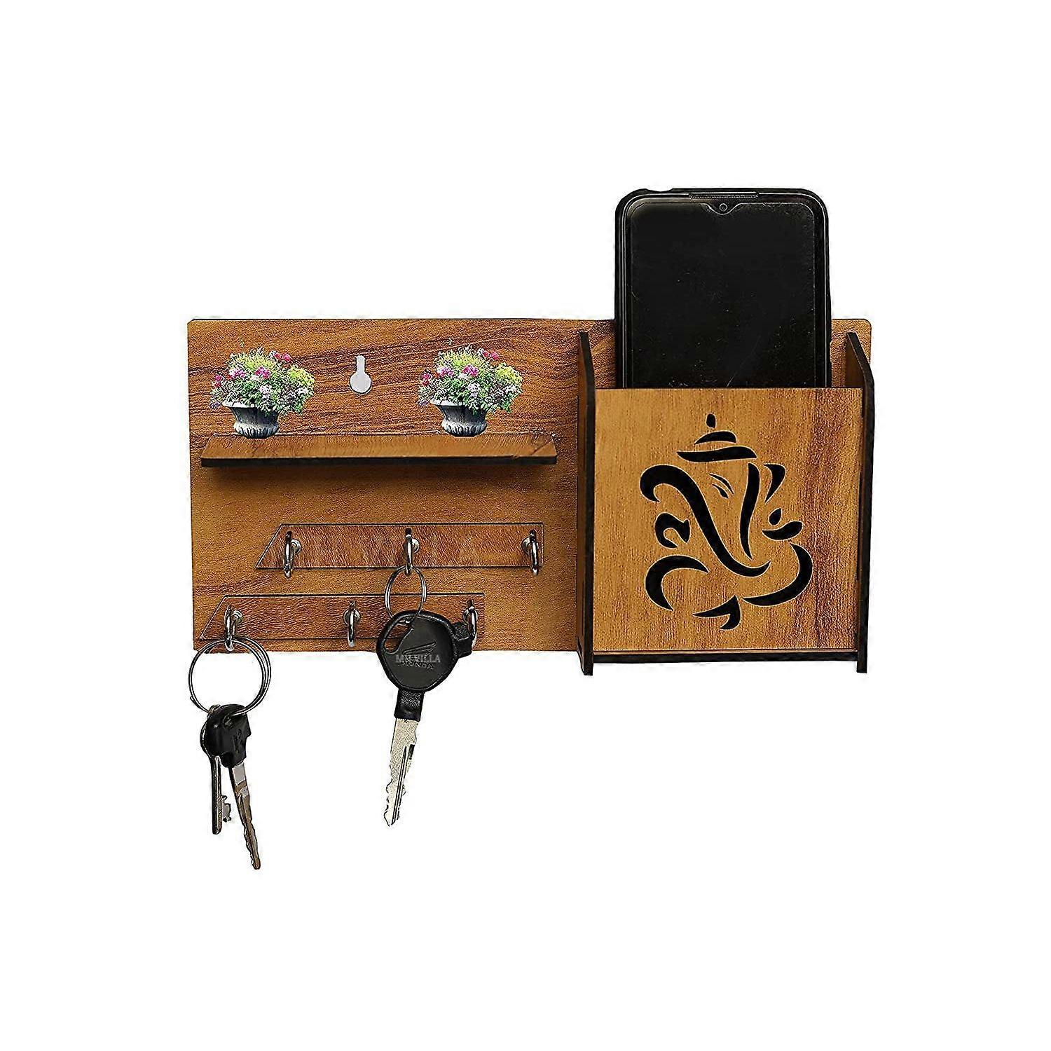Multipurpose Wood Ganesha Key Holder with Mobile Stand and Wall Shelf Rack, 6 Key Hanger Hooks, Pack of 1, Wooden