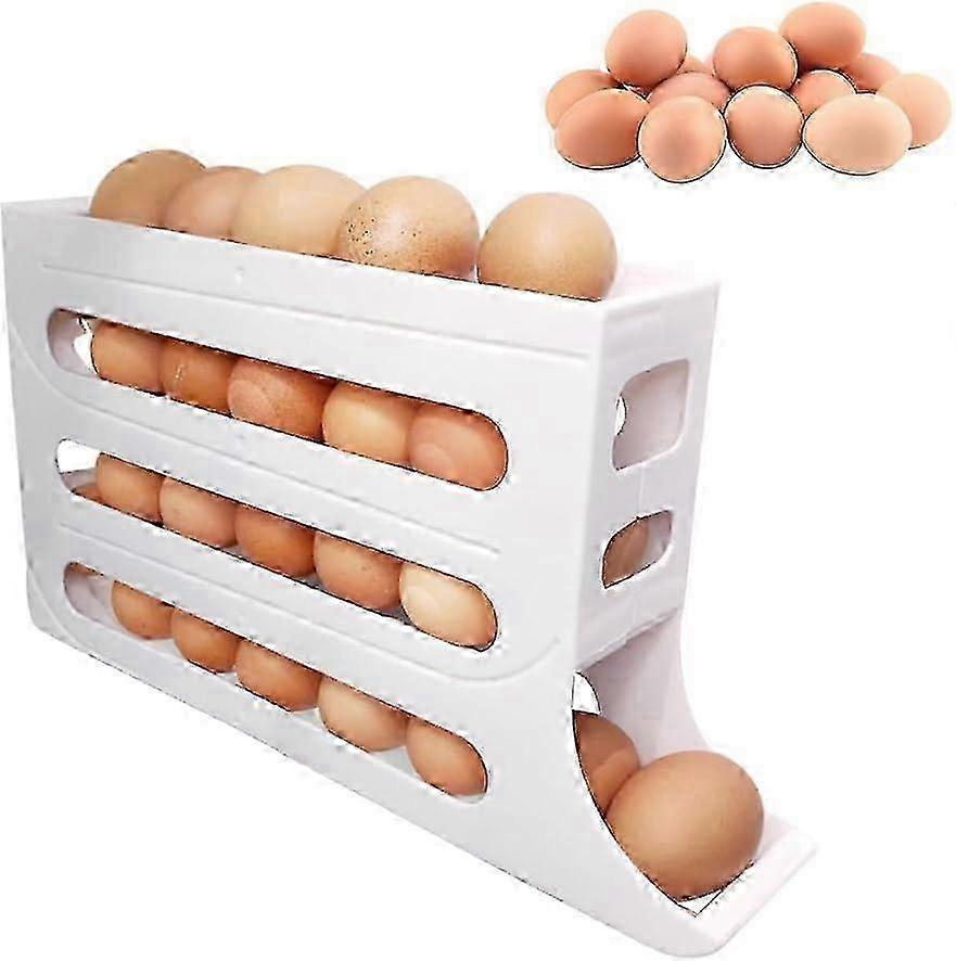 2025 4-layer egg rack automatic rolling egg rack large capacity egg storage box can store 30 eggs suitable for refrigerator and kitchen (gray)